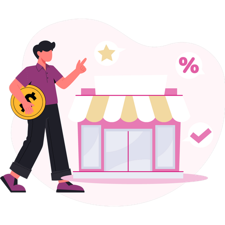 Man holding dollar coin and talking discount shopping  Illustration