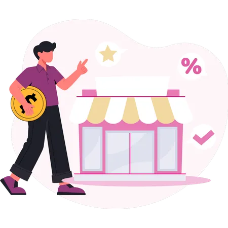 Man holding dollar coin and talking discount shopping  Illustration