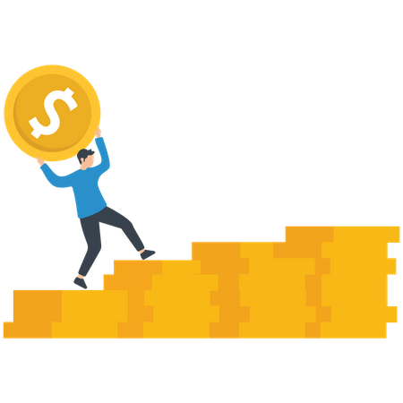 Man holding dollar coin and walking on coins stacks Illustration