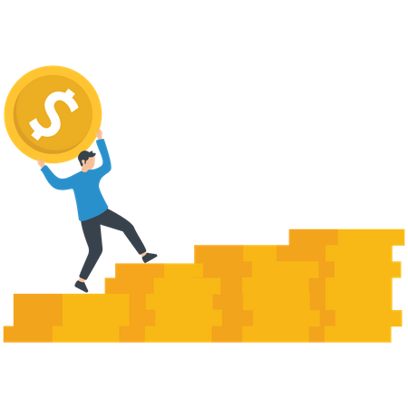 Man holding dollar coin and walking on coins stacks  Illustration