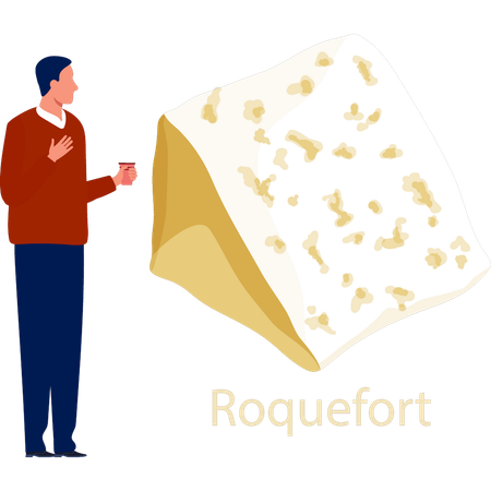 Man  holding drink and seeing roquefort  Illustration