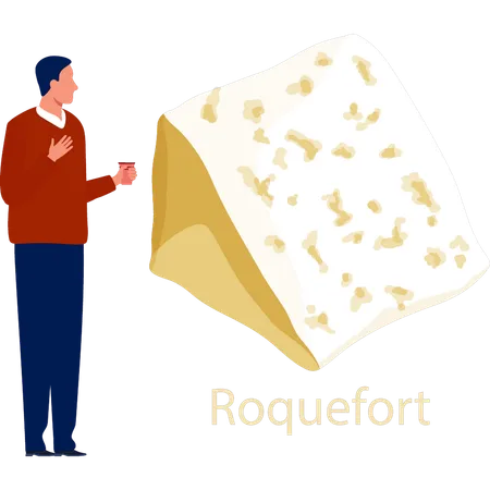 Man  holding drink and seeing roquefort  Illustration