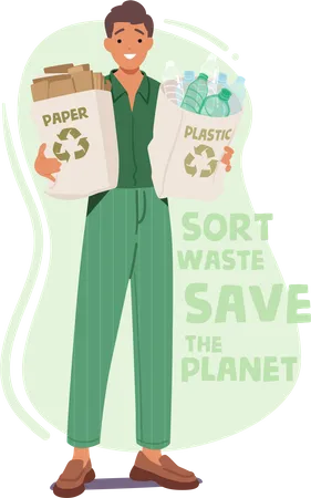 Man Holding Eco Bags With Sorted Paper And Plastic Promoting Recycling And Environmental Consciousness Male Character Sort Waste Save Planet Cartoon People Vector Illustration Poster Illustration
