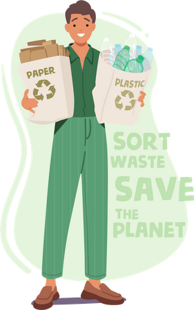 Man Holding Eco Bags With Sorted Paper And Plastic  Illustration