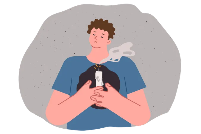 Man holding extinguished candle in front of chest  Illustration