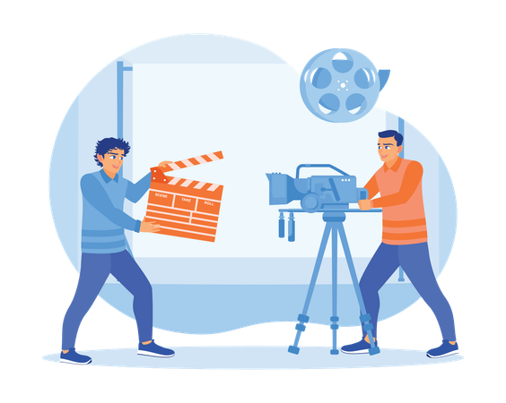 Man holding film clapper and cameraman with camera in hand  Illustration