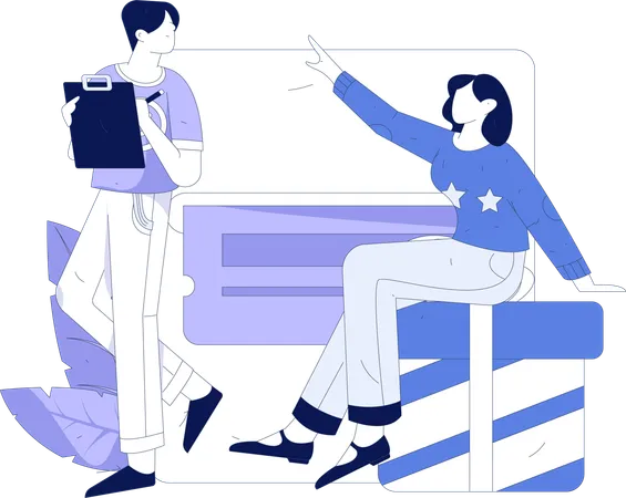 Man holding financial report while girl sitting on gift  Illustration