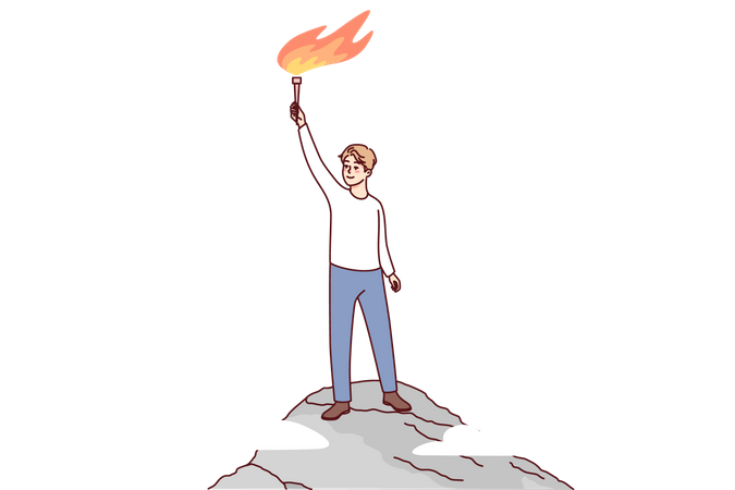 Man holding fire torch on top of the mountain  Illustration