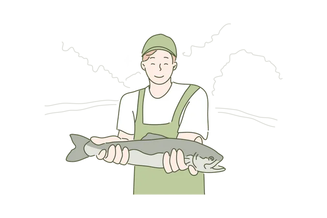 Hobby Fishing Caught Concept Young Happy Smiling Boy Angler Fisherman Cartoon Character Showing Catch And Loking Straight At Camera Summer Holiday Recreation And Active Lifestyle Illustration Illustration