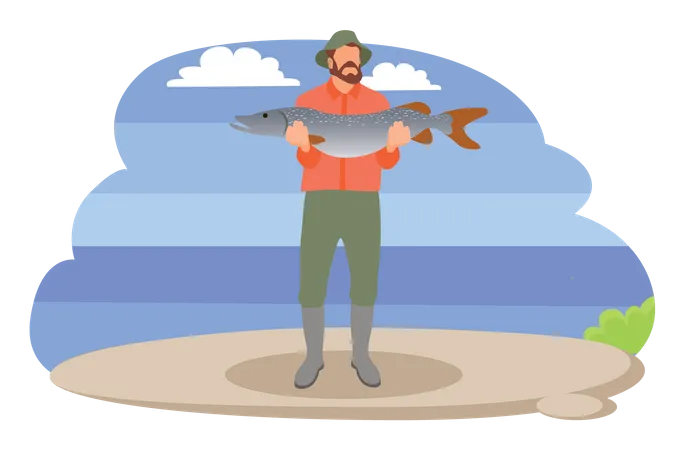 Fishing Fisherman On Platform And From Bank Sitting And Standing Men With Fish Rod And Fish Full Bucket Isolated On Landscape Vector Illustration Illustration