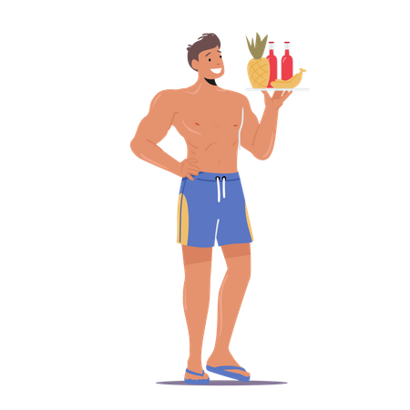 Man Holding Food Tray and Cocktail Illustration