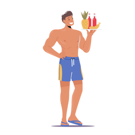 Man Holding Food Tray and Cocktail  Illustration