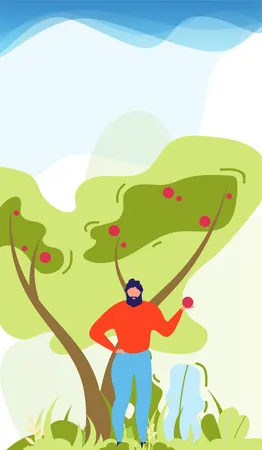 Man holding fruit and standing under tree Illustration