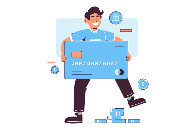 Cheerful Illustration Of A Young Man Confidently Holding A Giant Credit Card Symbolizing Financial Control And Credit Management イラスト