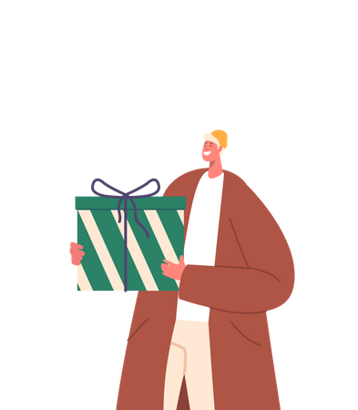 Man Holding Gift Box Wrapped With Festive  イラスト