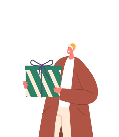 Man Holding Gift Box Wrapped With Festive  Illustration