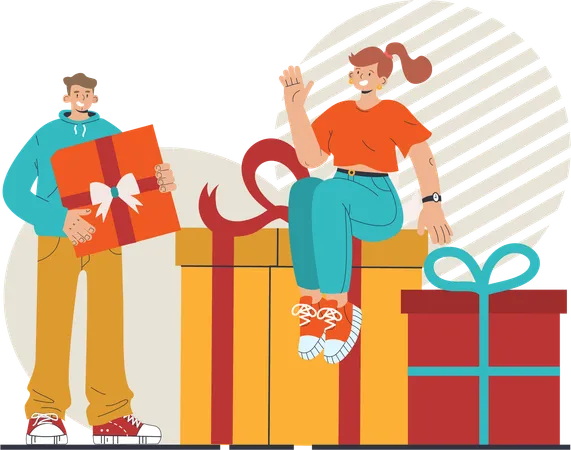 Man holding gift while girl sitting on gift  Illustration