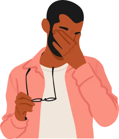 Black Man Holds Glasses In One Hand And Rubs His Tired Eyes With The Other Expressing Fatigue And The Need For A Break Male Character With Vision Problem Cartoon People Vector Illustration Illustration