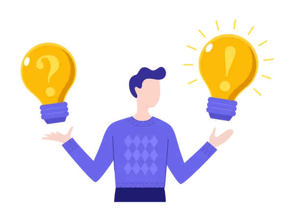 Man holding glowing lightbulbs with question mark and exclamation point on it Illustration