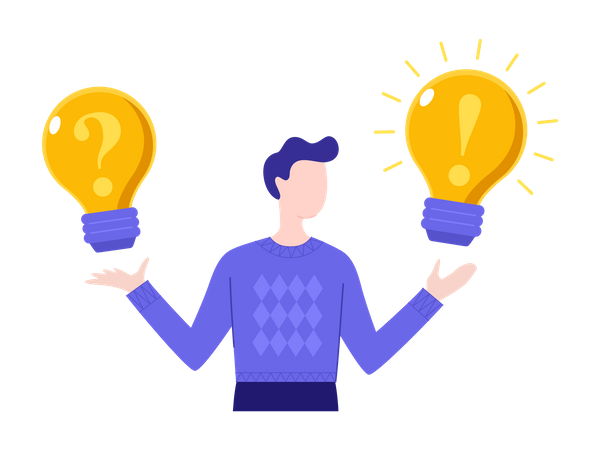 Man holding glowing lightbulbs with question mark and exclamation point on it  Illustration