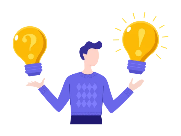 Man holding glowing lightbulbs with question mark and exclamation point on it  Illustration