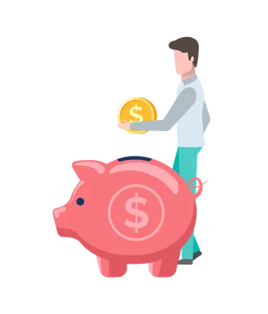 Man Saving Money Vector Investment And Savings Of Male Holding Gold Coin Dollar Currency American Finance Flat Style Pig Container For Finances Illustration