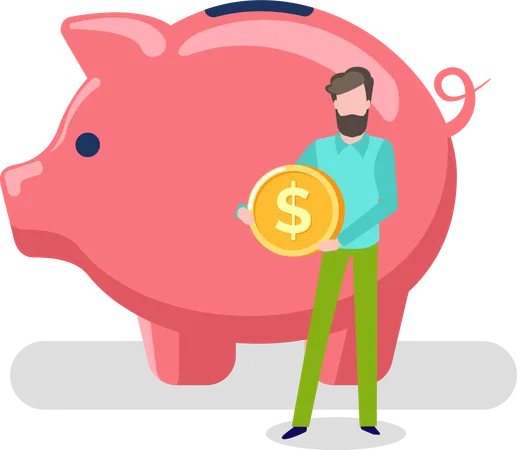 Banking And Investment Concept Man Holding Gold Coin Of American Currency Stable Dollar Ass Male Near Big Pink Pig For Keeping Money Deposit In Future Vector Illustration In Flat Cartoon Style Illustration