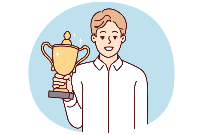Man holding gold prize celebrating win  Illustration