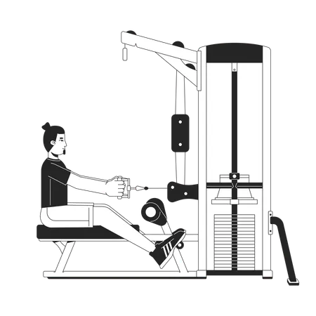Man Holding Handle With Outstretched Arms On Gym Machine Flat Line Black White Vector Character Editable Outline Full Body Person Strength Simple Cartoon Isolated Spot Illustration For Web Design Illustration
