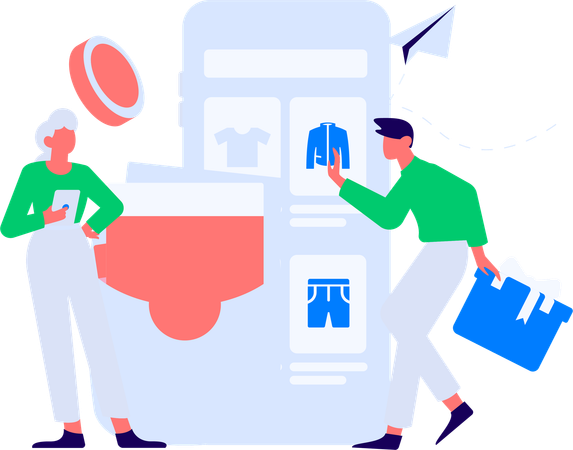 Man holding heart while girl standing with star and giving shopping feedback  Illustration