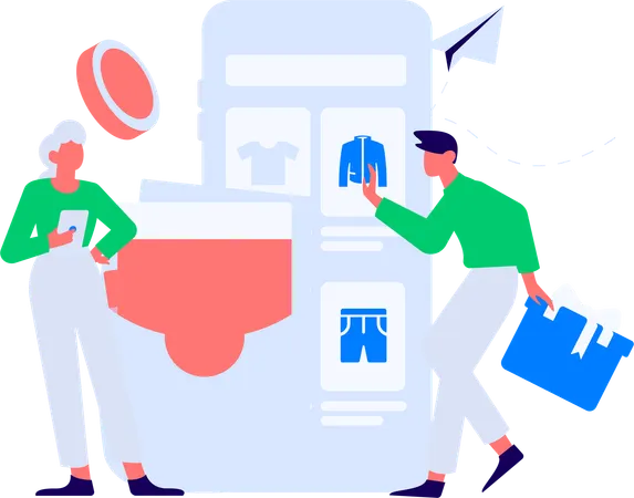 Man holding heart while girl standing with star and giving shopping feedback  Illustration
