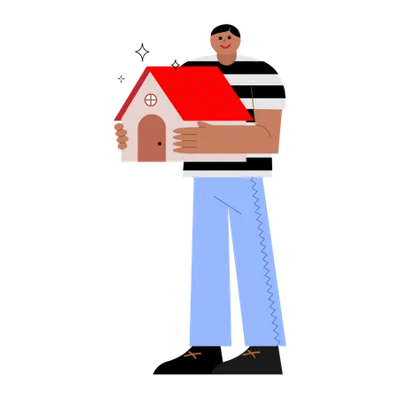 Man Holding House Vector Illustration In Flat Color Design Illustration