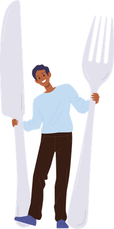 Happy man holding huge knife and fork kitchen utensils for serving table  Illustration