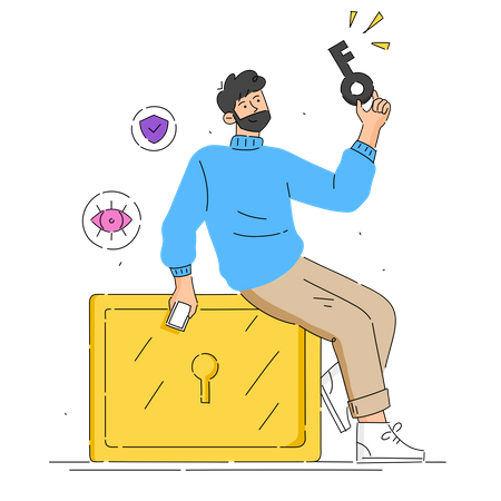 Man Holding Key and Unlocking safe  Illustration