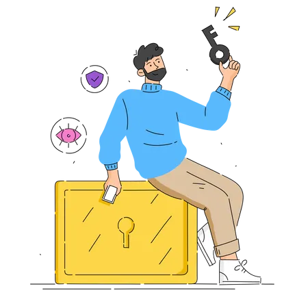 Man Holding Key and Unlocking safe  Illustration