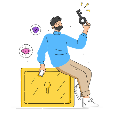 Man Holding Key and Unlocking safe  Illustration