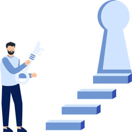 Man holding key near keyhole  Illustration
