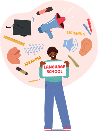 Man Holding Language School Sign  Illustration