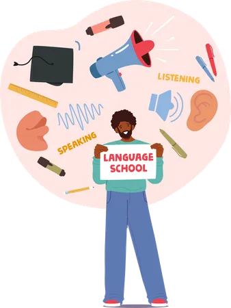 Man Holding Language School Sign  Illustration