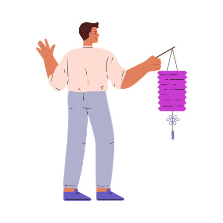장식품이 달린 랜턴을 들고 문화적 명절을 축하하는 남자  일러스트레이션