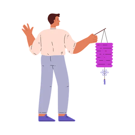 장식품이 달린 랜턴을 들고 문화적 명절을 축하하는 남자  일러스트레이션