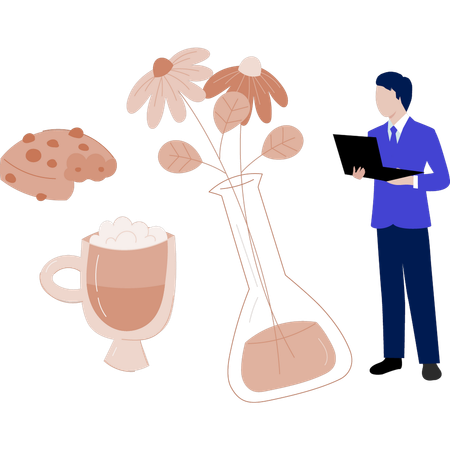 Man holding laptop and looking flower flask  Illustration