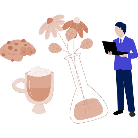 Man holding laptop and looking flower flask  Illustration