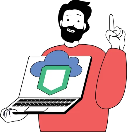 Man holding laptop and showing cloud security  Illustration