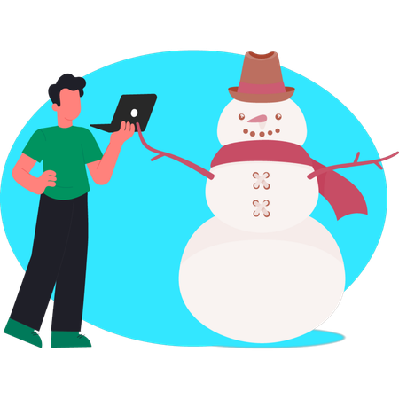 Man holding laptop with snowman  Illustration