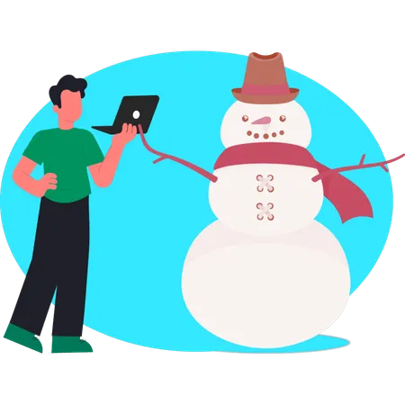 Man holding laptop with snowman  Illustration