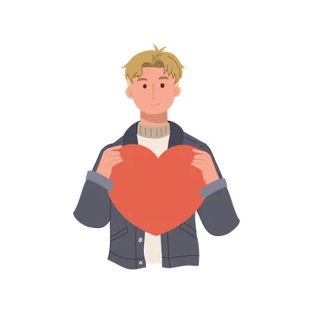 Man holding large red heart symbolizing love and passion for valentines day gift  Illustration