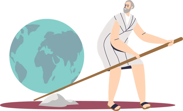 Man Holding Lever Trying To Lift Earth With Fulcrum Cartoon Male Character Lifting Stone With Efforts Applying Force And Balance Flat Vector Illustration Illustration