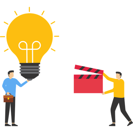 Man holding light bulb and movie clapperboard  Illustration