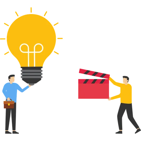 Man holding light bulb and movie clapperboard  Illustration